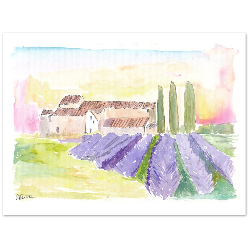 Provence Classical View of Lavender Fields and Abbey - Limited Edition Fine Art Print - Original Painting available