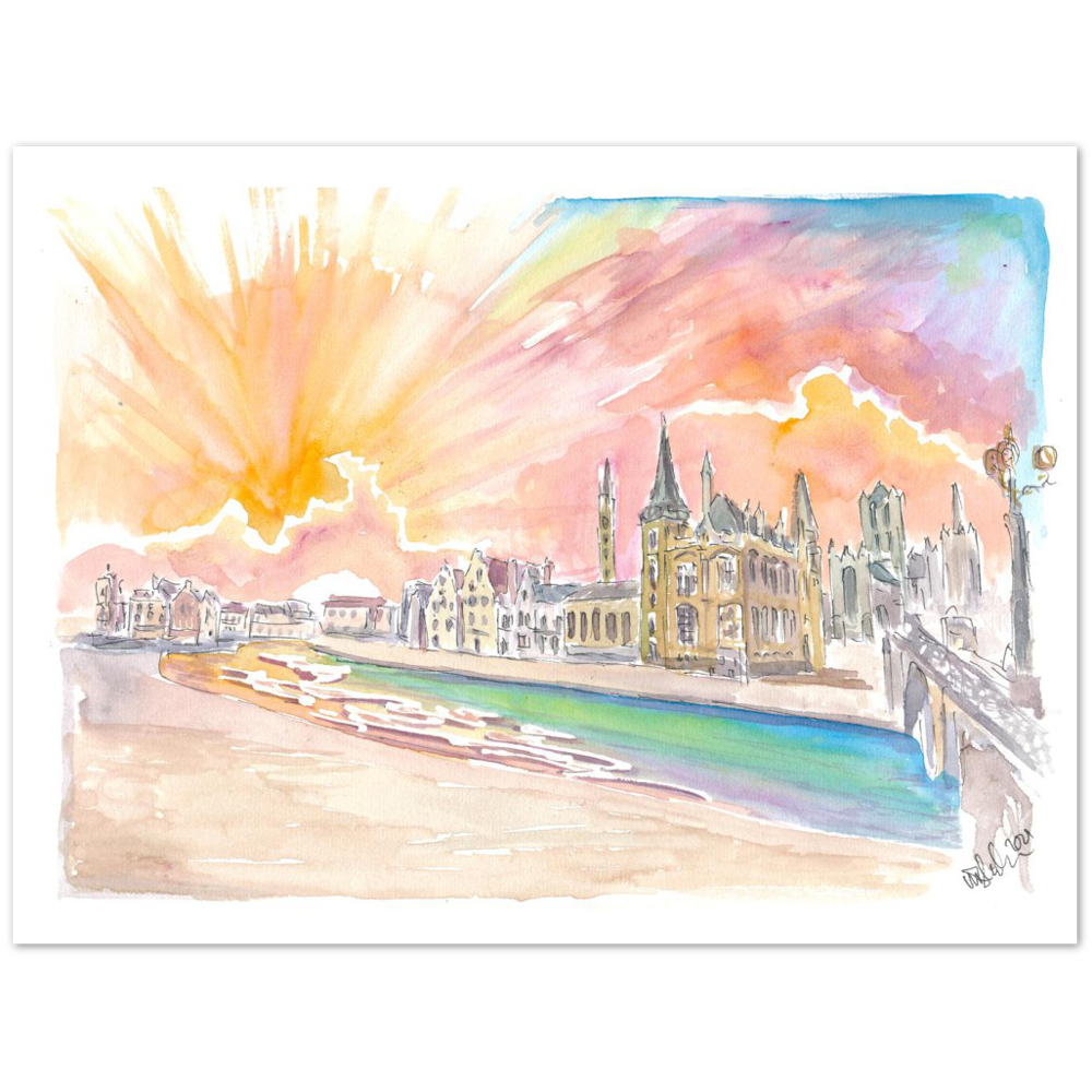Ghent Belgium Historic City Center with Sunset - Limited Edition Fine Art Print