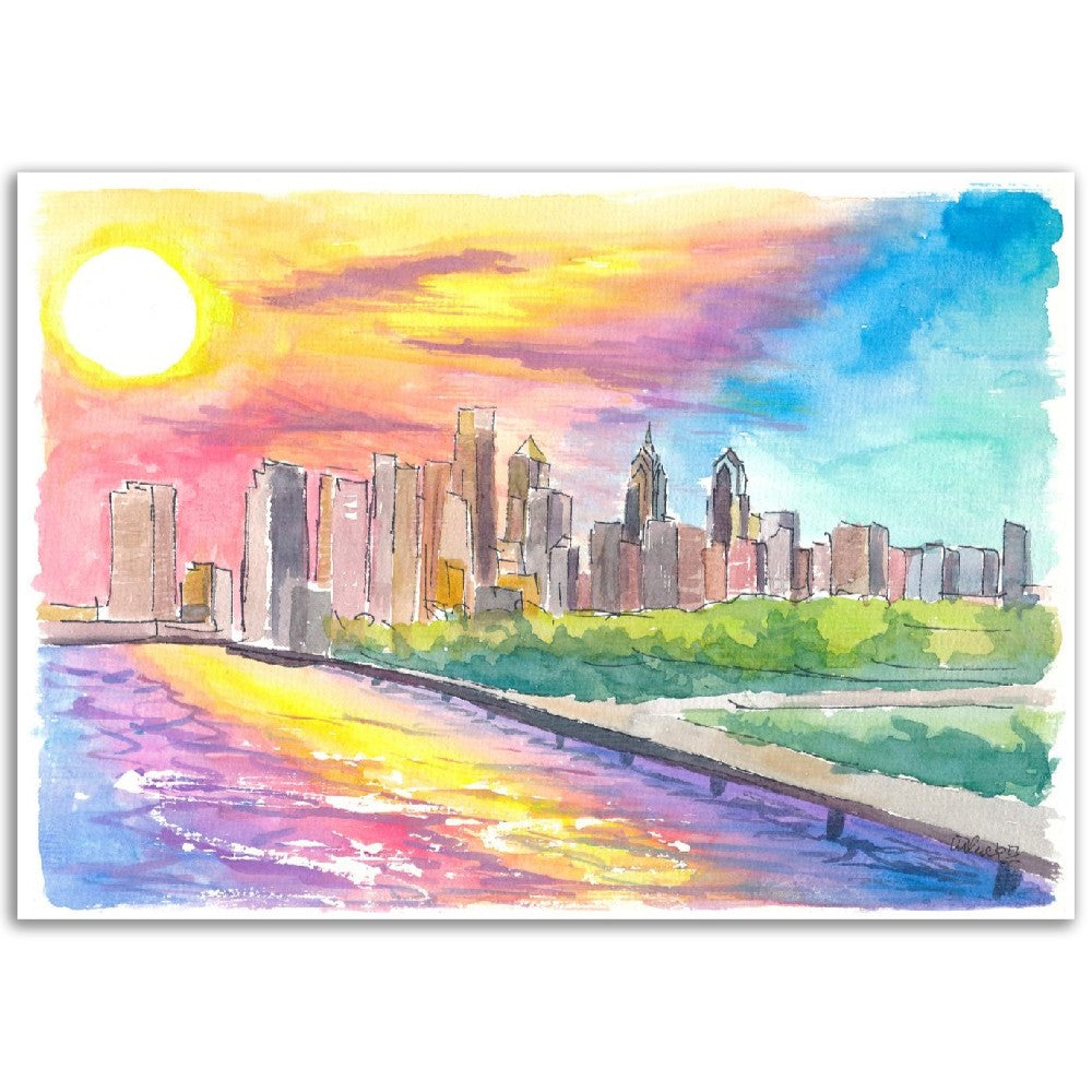 Philadelphia PA Impressive Skyline Colorful Sunset Mood - Limited Edition Fine Art Print - Original Painting available