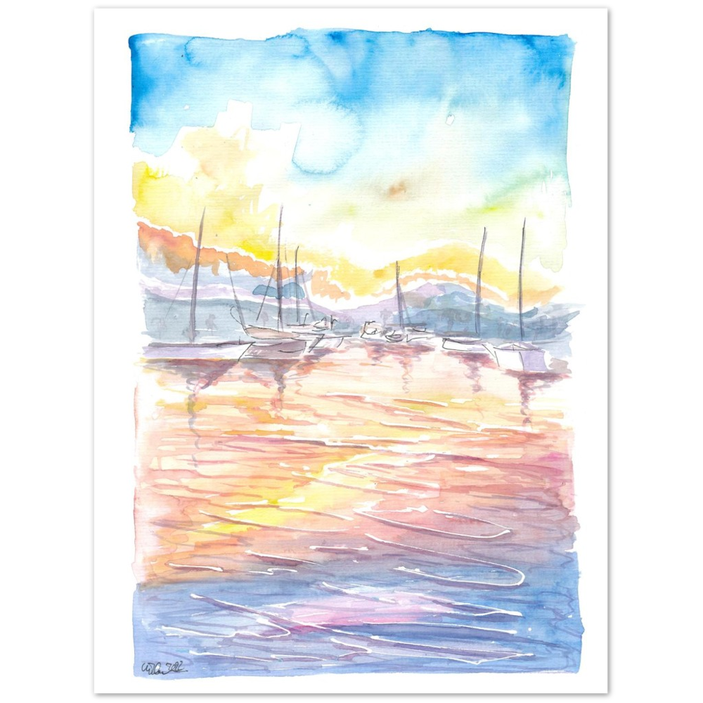 Dreamy Yacht Harbour with Sunset and Light on Water