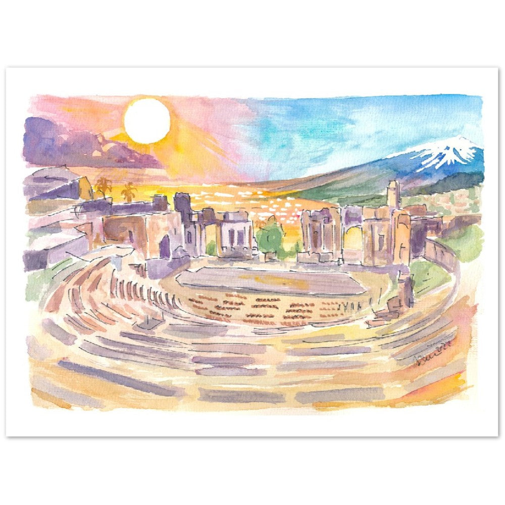 Ancient Theatre of Taormina with View of Mount Etna in Sicily - Limited Edition Fine Art Print - Original Painting available