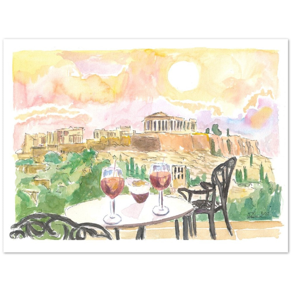 Sunset Romance in Athens Greece with Aperitif and Acropolis View - Limited Edition Fine Art Print - Original Painting available