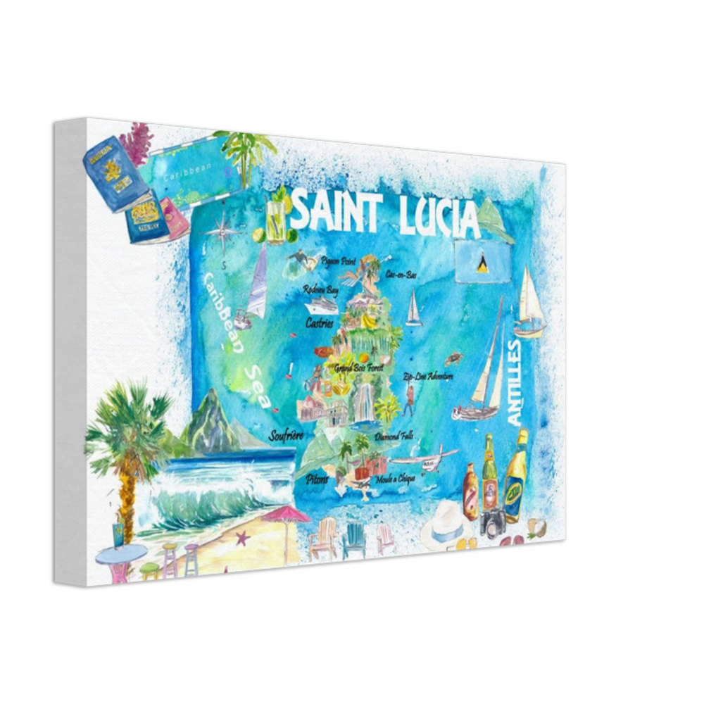 Saint Lucia West Indies Illustrated Map with Antilles Tourist Highlights 2nd Edition