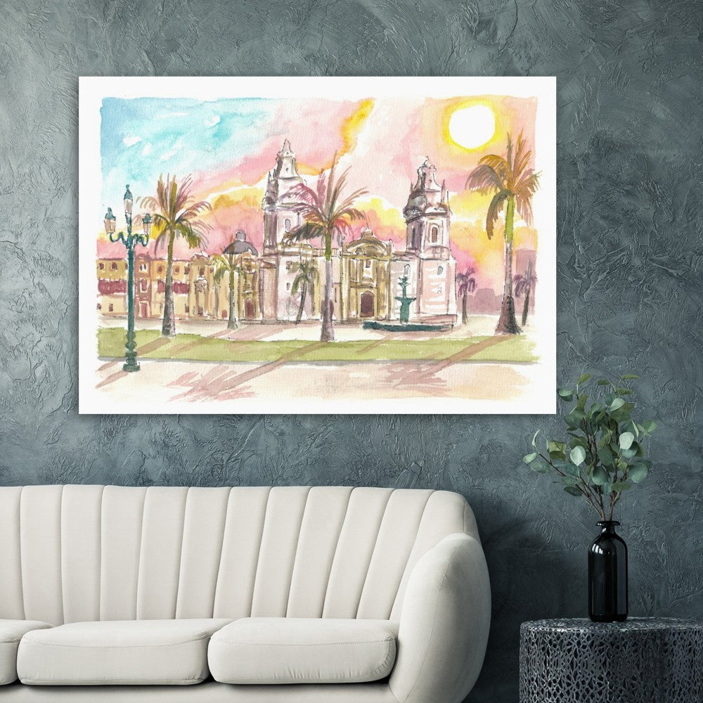 Lima Peru Watercolor Cityscape with Plaza Mayor - Limited Edition Fine Art Print - Original Painting available