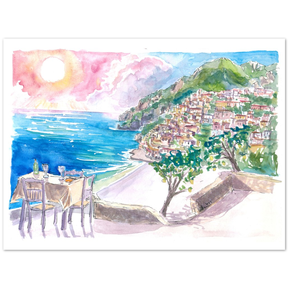Incredible Seaview Cafe with Positano Amalfi Coast and Sea - Limited Edition Fine Art Print - Original Painting available