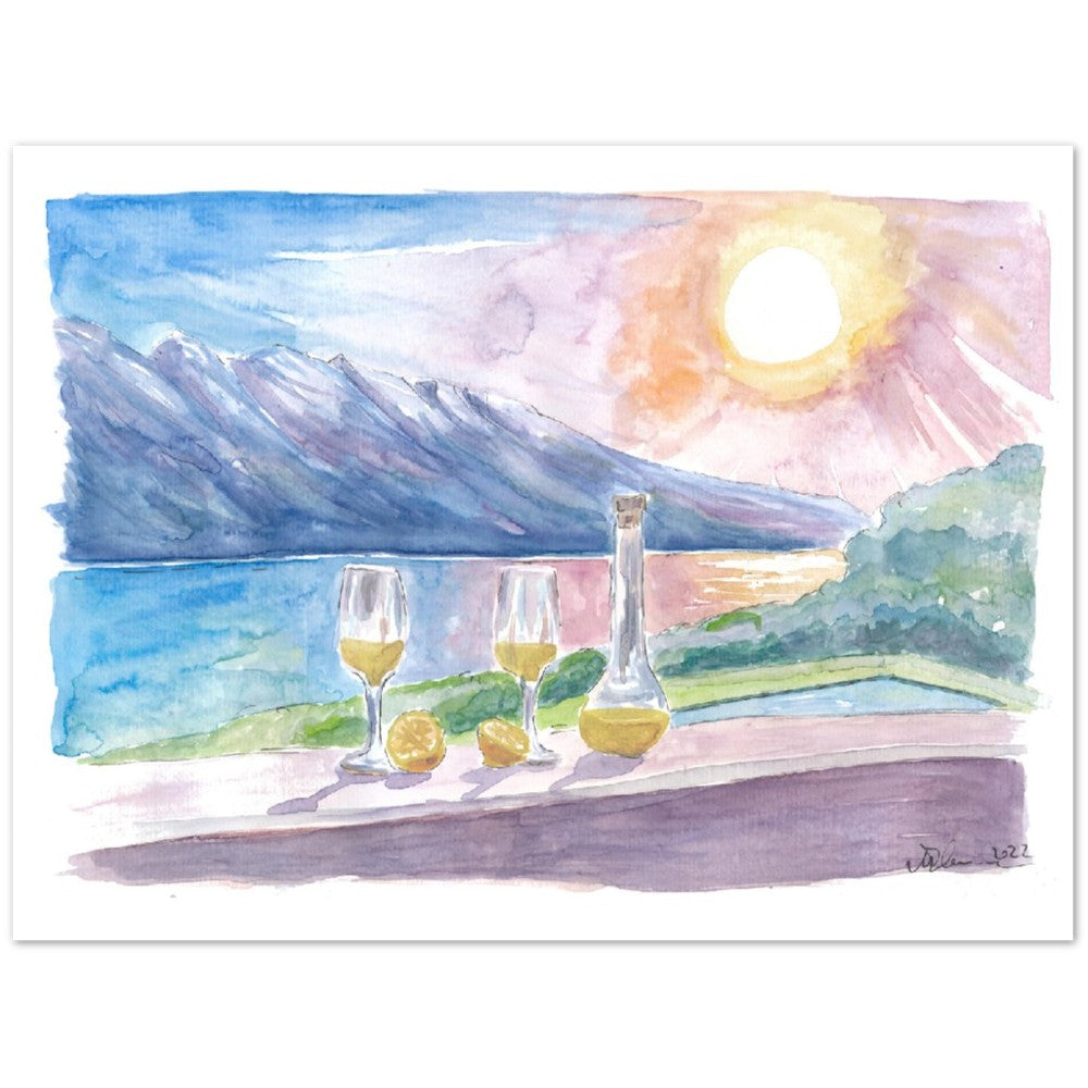 Lake Garda with Limoncello and Incredible view of Mountains and Seashore - Limited Edition Fine Art Print - Original Painting available