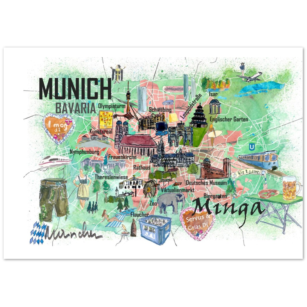Munich Bavaria Germany Illustrated Travel Map with Roads and Tourist Highlights