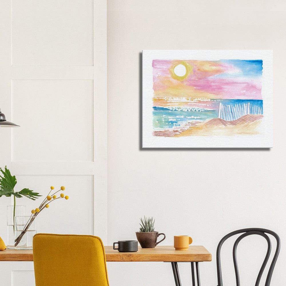 Romantic White Picket Fence on Beach with Waves and Sunset - Limited Edition Fine Art Print - Original Painting available