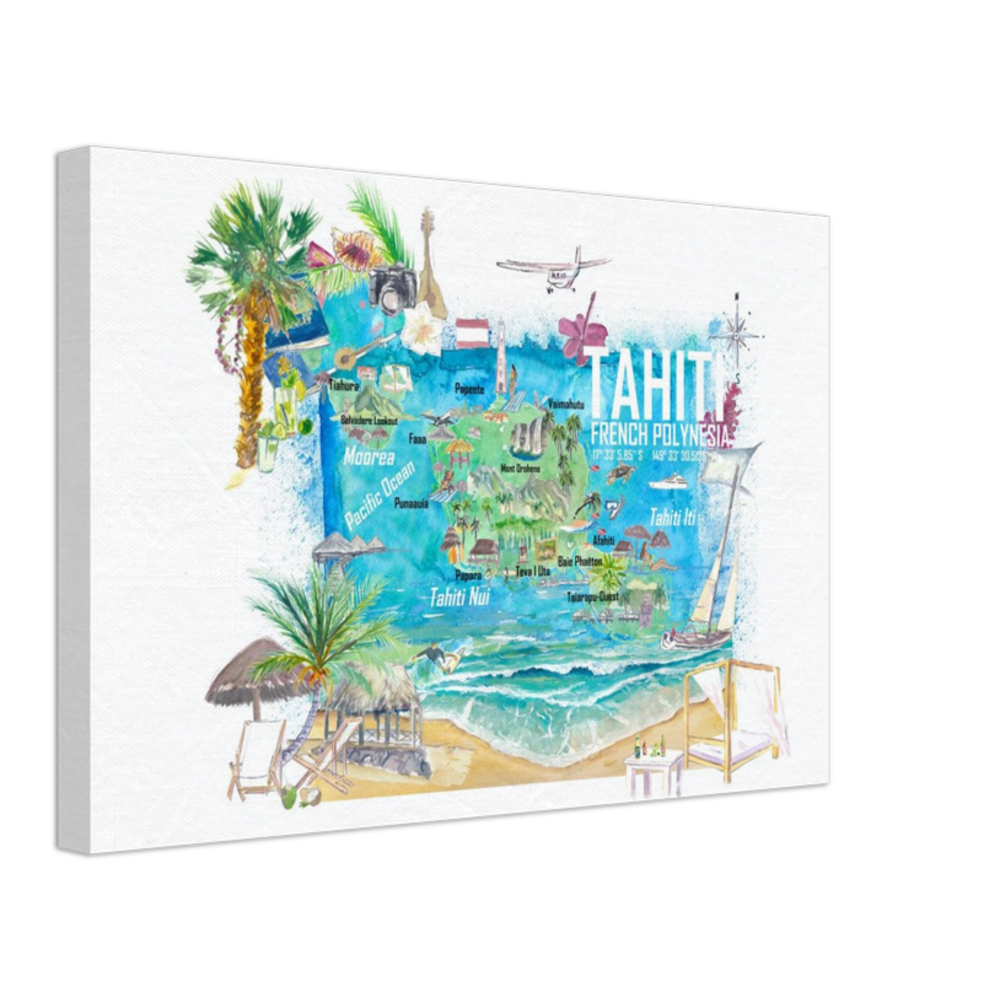 Tahiti Illustrated Travel Map with Roads and Highlights Fine Art Print