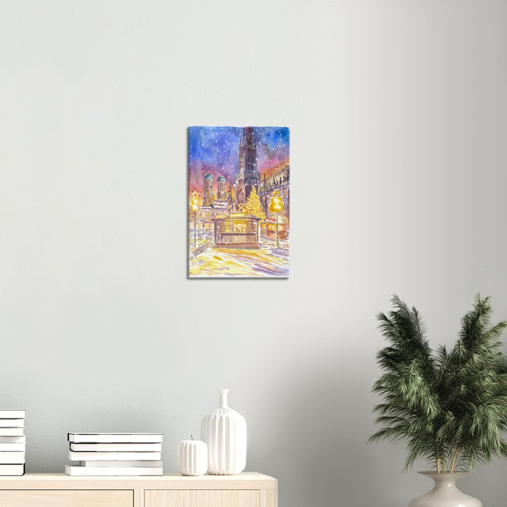 Snowy Munich Winter Scene - Romantic Marienplatz XMAS Market - Limited Edition Fine Art Print - Original Painting available