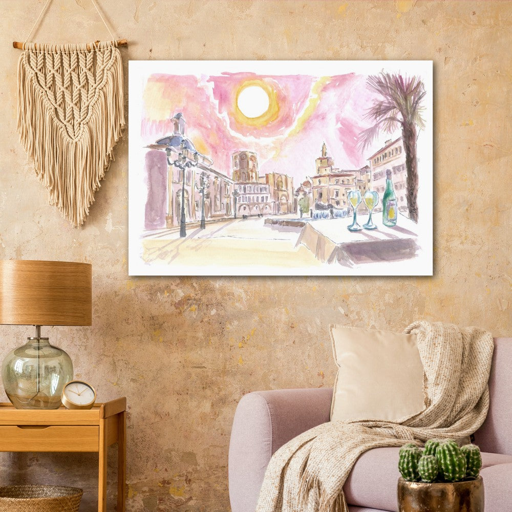 Valencia Spain with Plaza de la Virgen and Fountain - Limited Edition Fine Art Print - Original Painting available