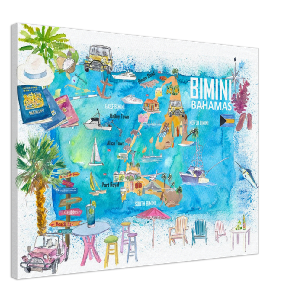 Bimini Bahamas Illustrated Map with Island Tourist Highlights - Fine Art Print