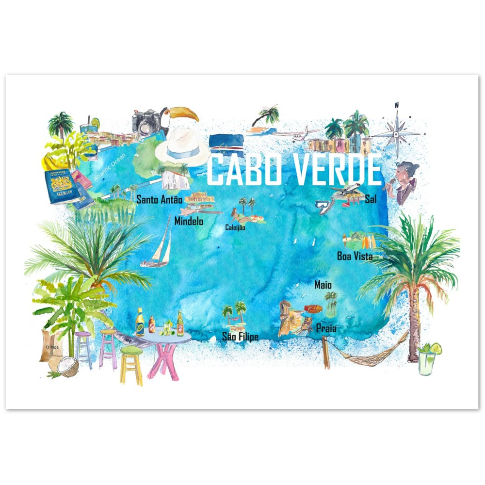 Cabo Verde Illustrated Island Travel Map with Tourist Highlights