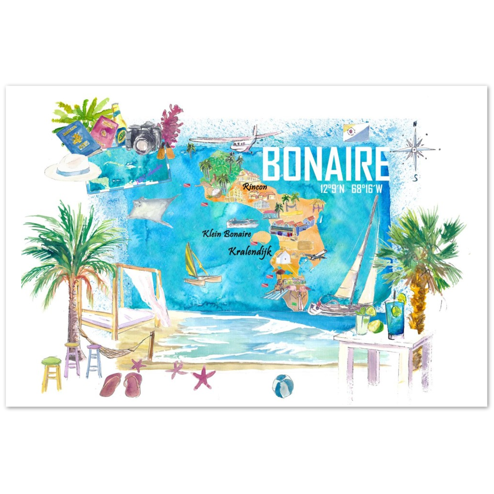 Bonaire Dutch Antilles Caribbean Island Illustrated Travel Map with Tourist Highlights