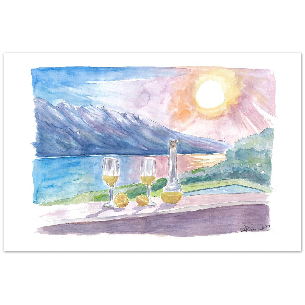 Lake Garda with Limoncello and Incredible view of Mountains and Seashore - Limited Edition Fine Art Print - Original Painting available