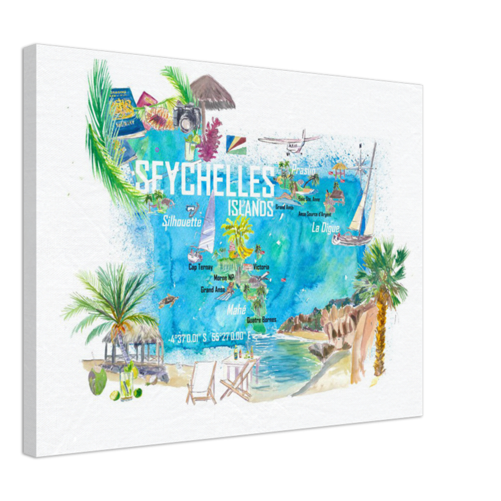 Seychelles Islands Illustrated Travel Map with Tourist Highlights Leinwand