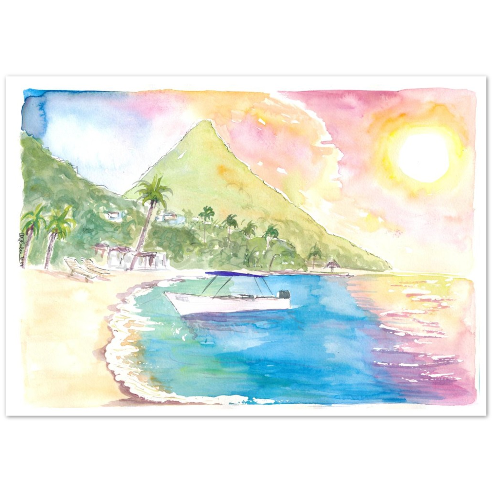 St Lucia Sunset and Amazing Piton Beach Scene