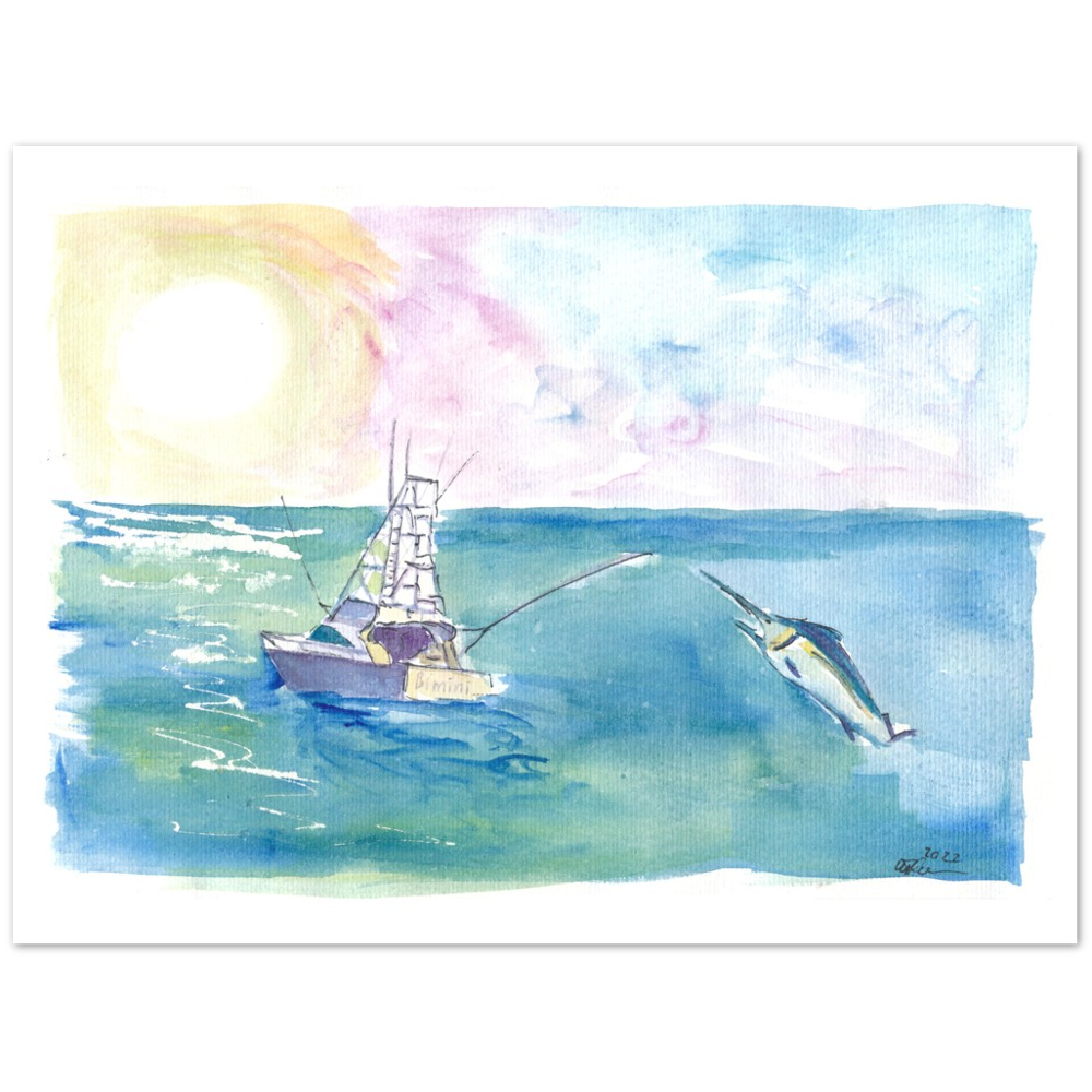 Gone Caribbean Fishing With Yacht and Marlin - Limited Edition Fine Art Print - Original Painting available