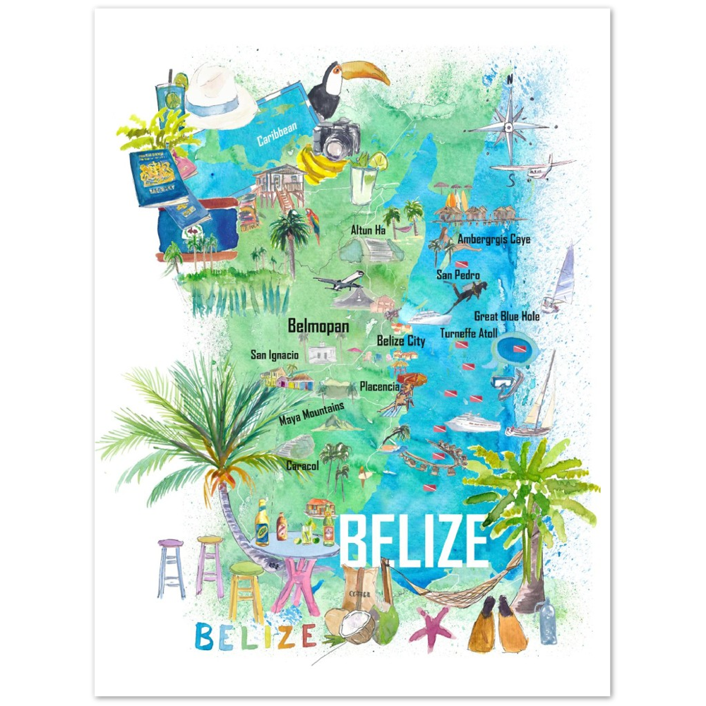 Belize Caribbean Illustrated Travel Map with Roads and Tourist Highlights