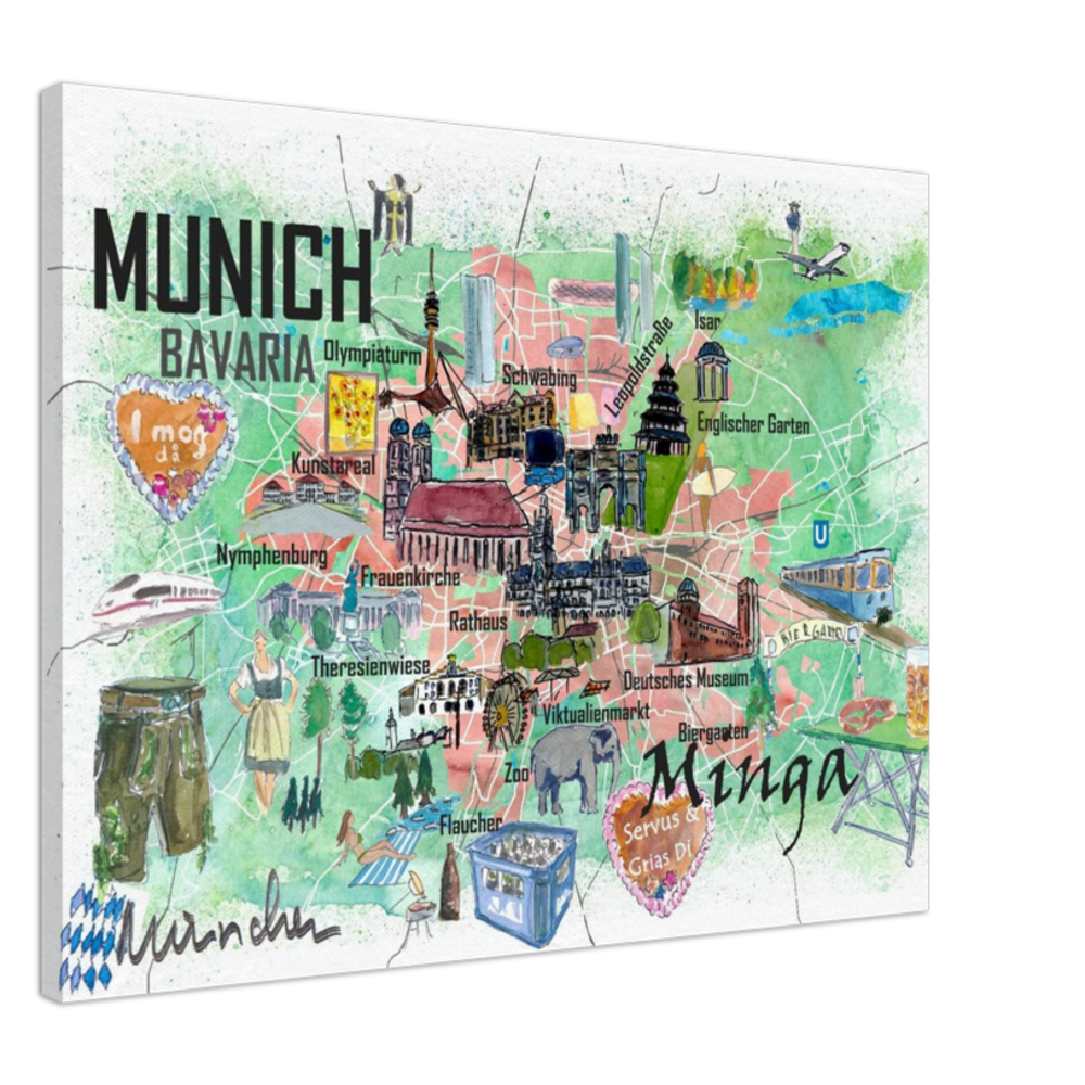 Munich Bavaria Germany Illustrated Travel Map with Roads and Tourist Highlights