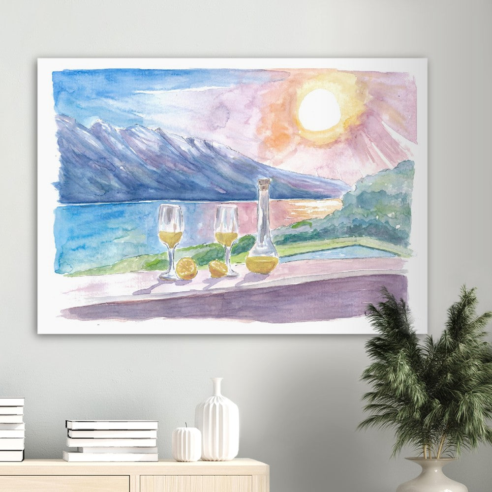 Lake Garda with Limoncello and Incredible view of Mountains and Seashore - Limited Edition Fine Art Print - Original Painting available