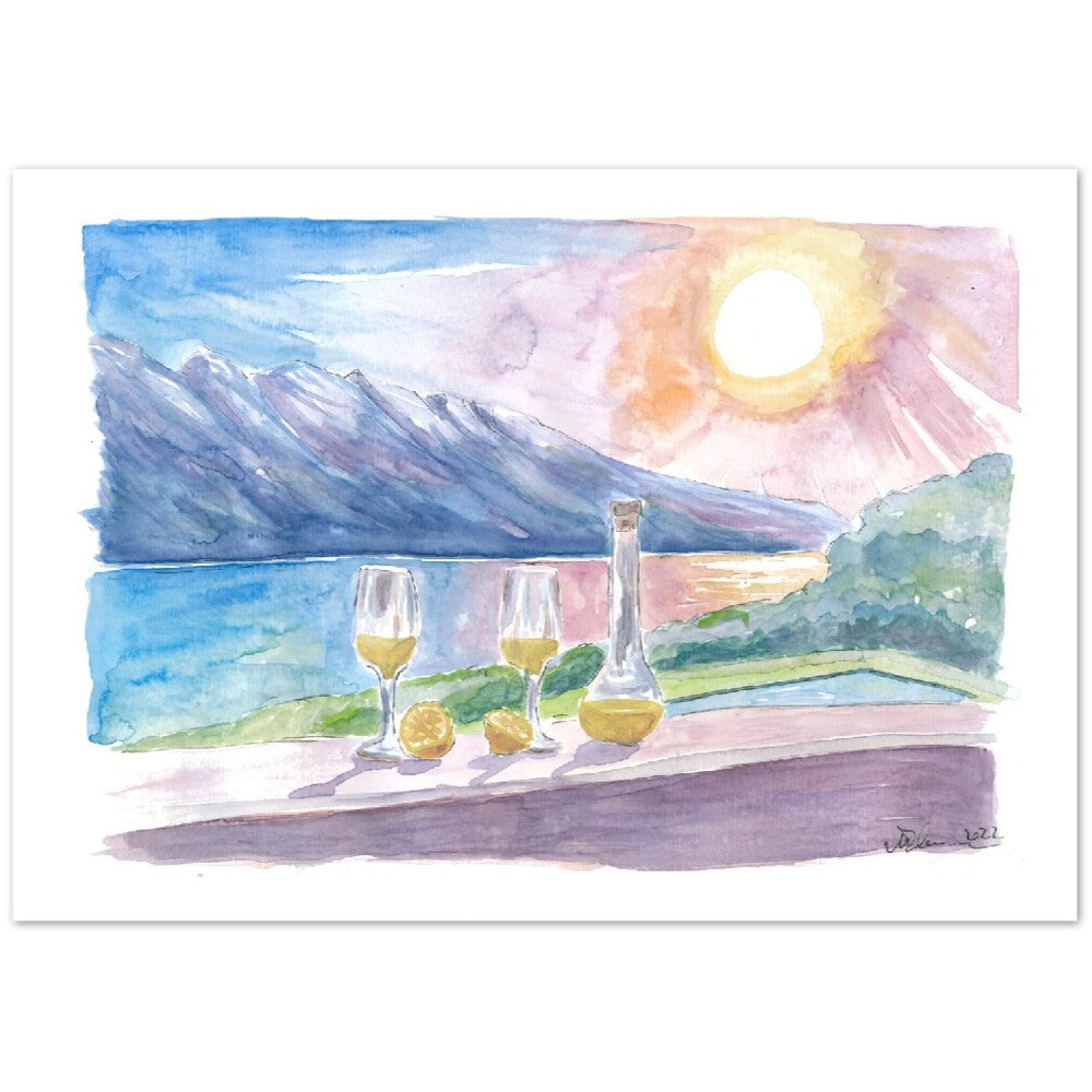 Lake Garda with Limoncello and Incredible view of Mountains and Seashore - Limited Edition Fine Art Print - Original Painting available