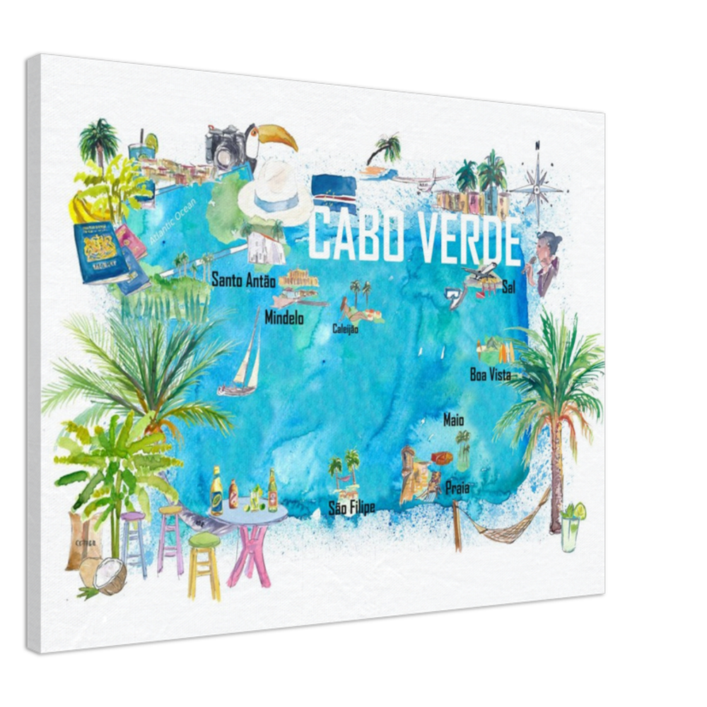 Cabo Verde Illustrated Island Travel Map with Tourist Highlights