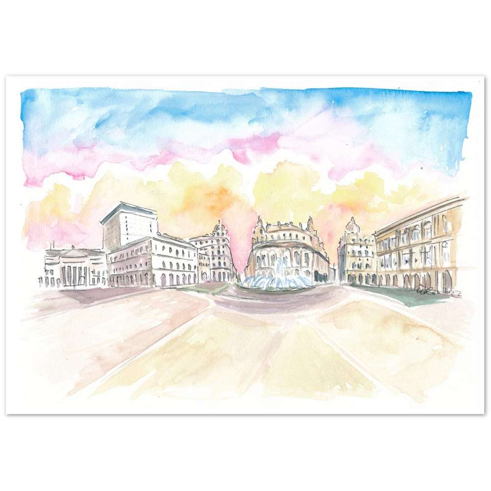 Genoa Italy Main Square Piazza at Sunrise - Limited Edition Fine Art Print - Original Painting available