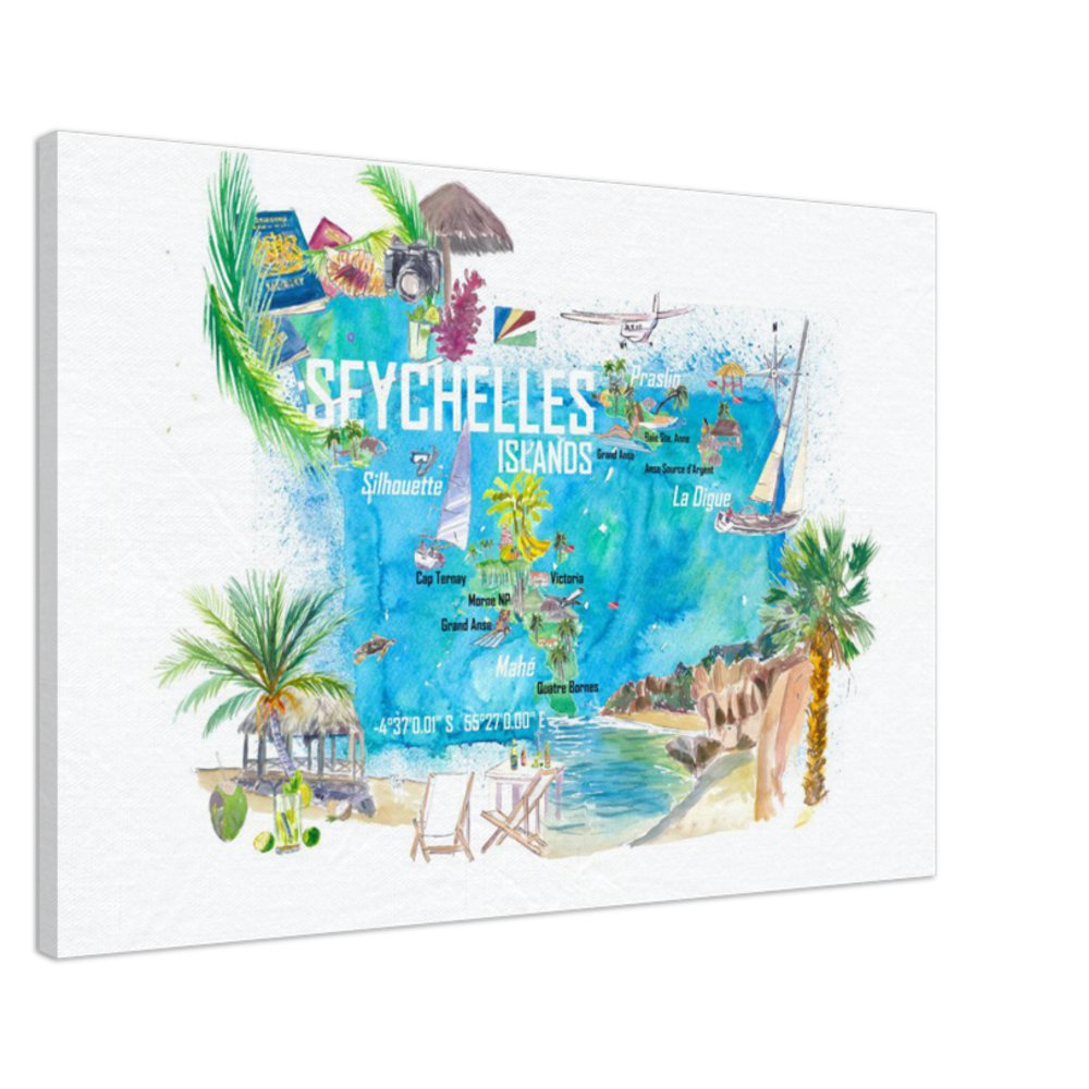 Seychelles Islands Illustrated Travel Map with Tourist Highlights Leinwand