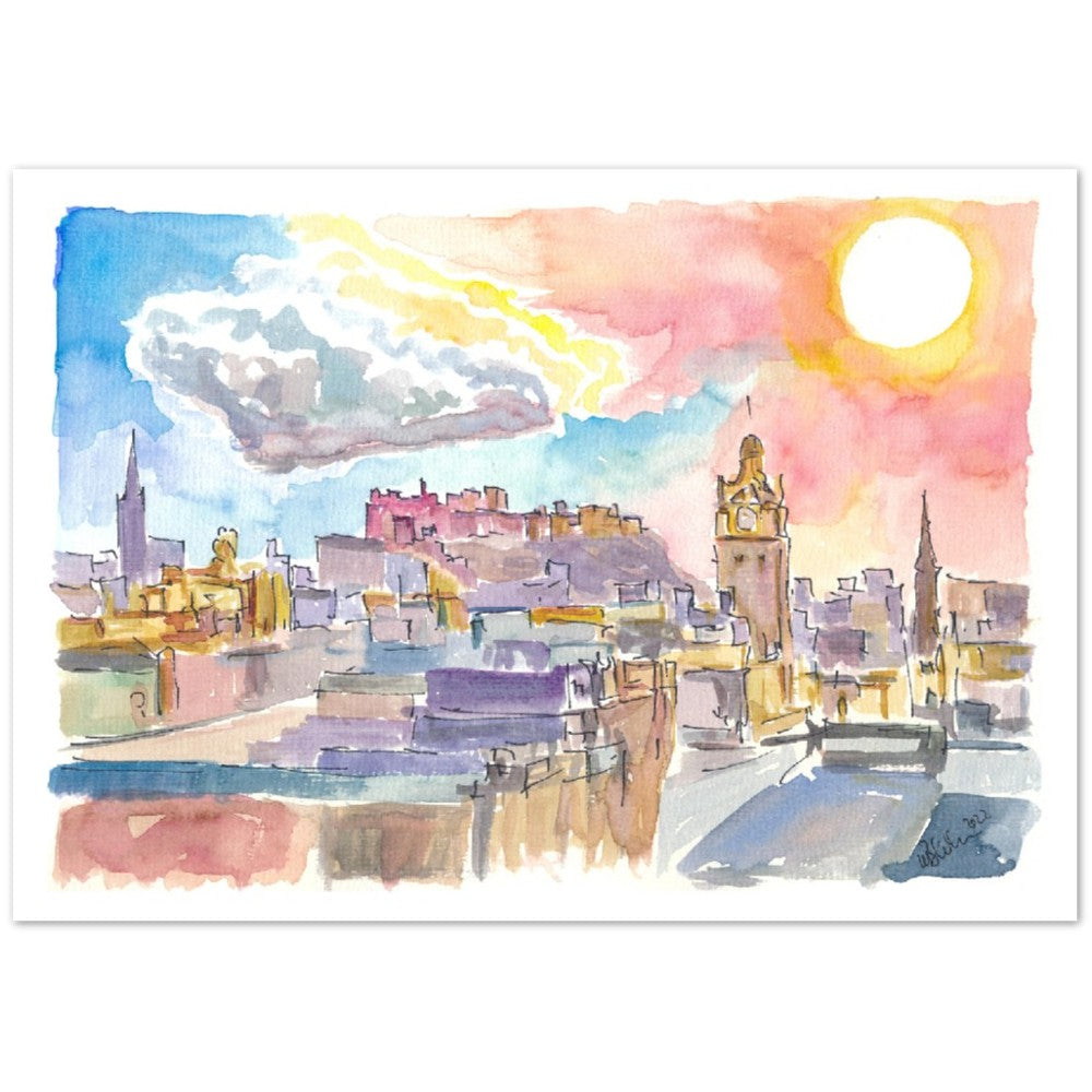 Edinburgh Cityscape in Winter with late Afternoon Sun - Limited Edition Fine Art Print - Original Painting available