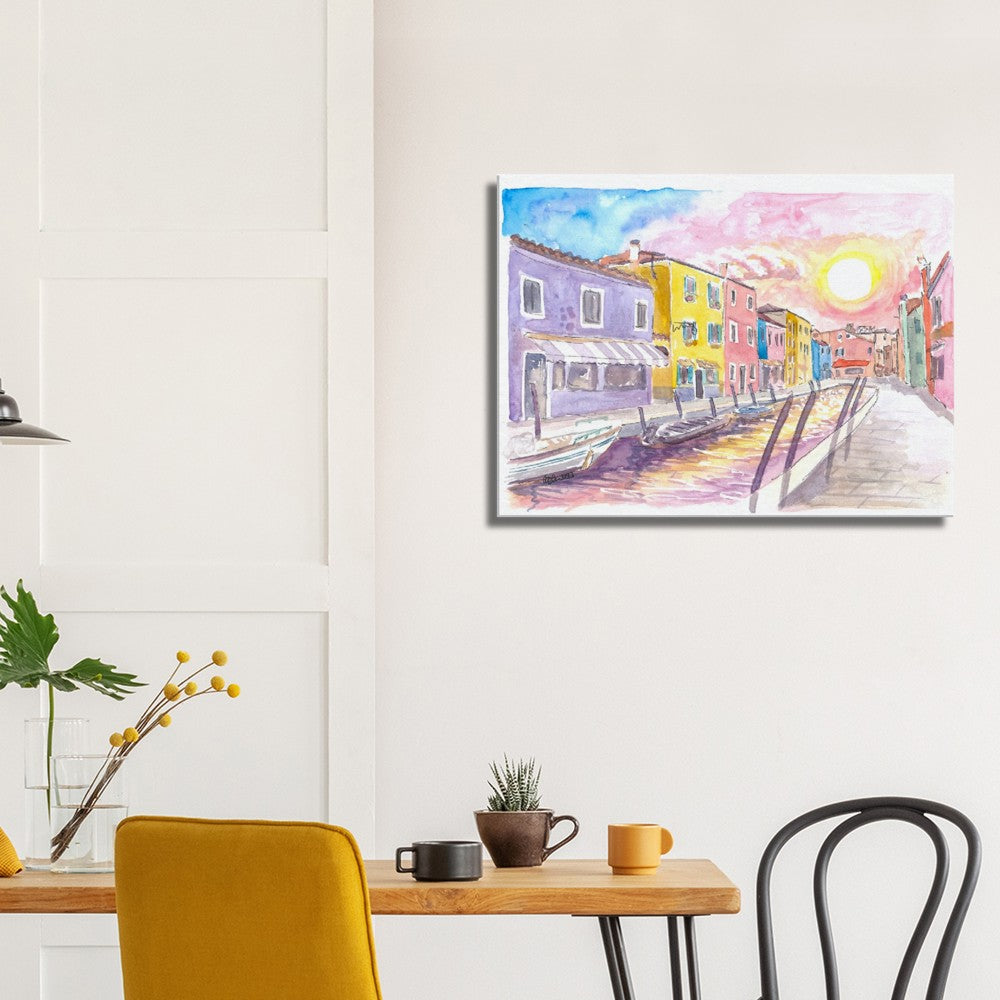 Colorful Burano Canal with Shops and Sun Reflections on Canal - Limited Edition Fine Art Print - Original Painting available