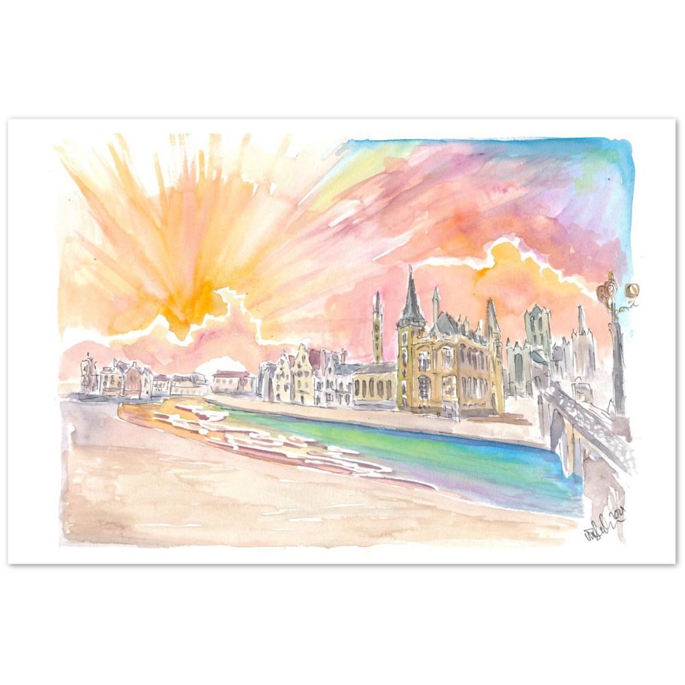 Ghent Belgium Historic City Center with Sunset - Limited Edition Fine Art Print