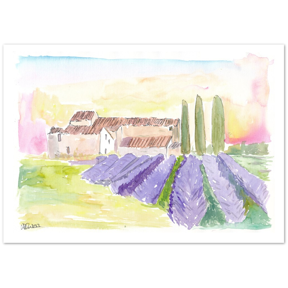 Provence Classical View of Lavender Fields and Abbey - Limited Edition Fine Art Print - Original Painting available