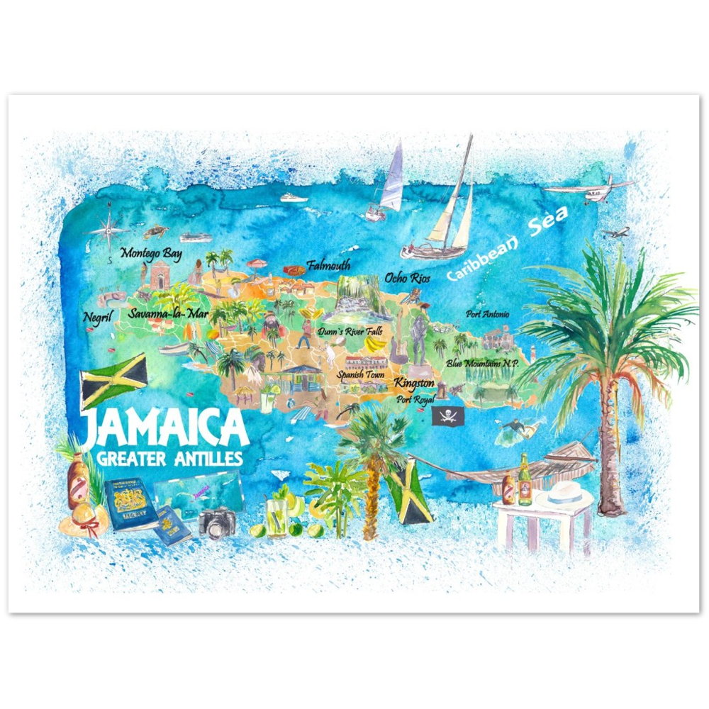 Jamaica Illustrated Travel Map with Roads and Highlights