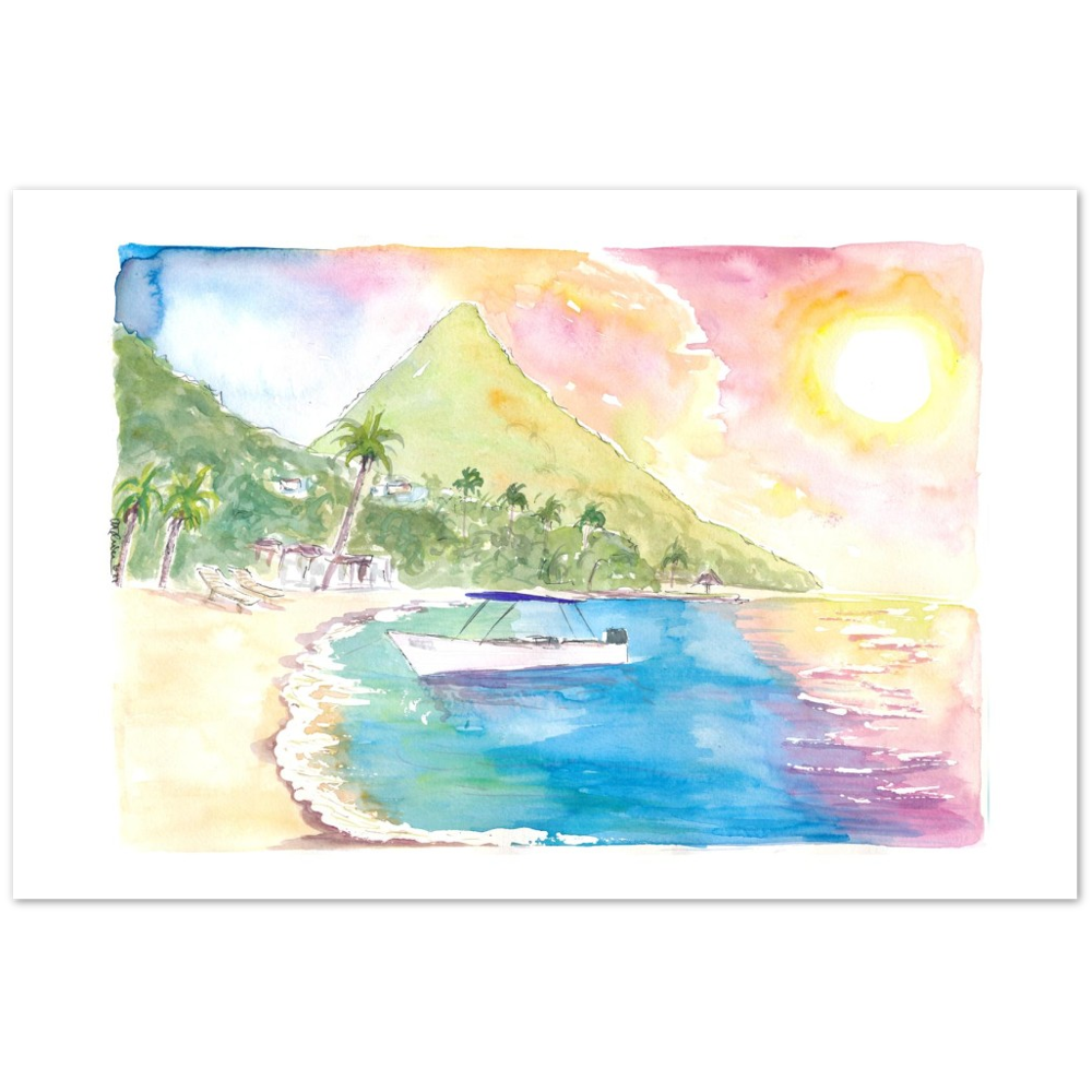 St Lucia Sunset and Amazing Piton Beach Scene