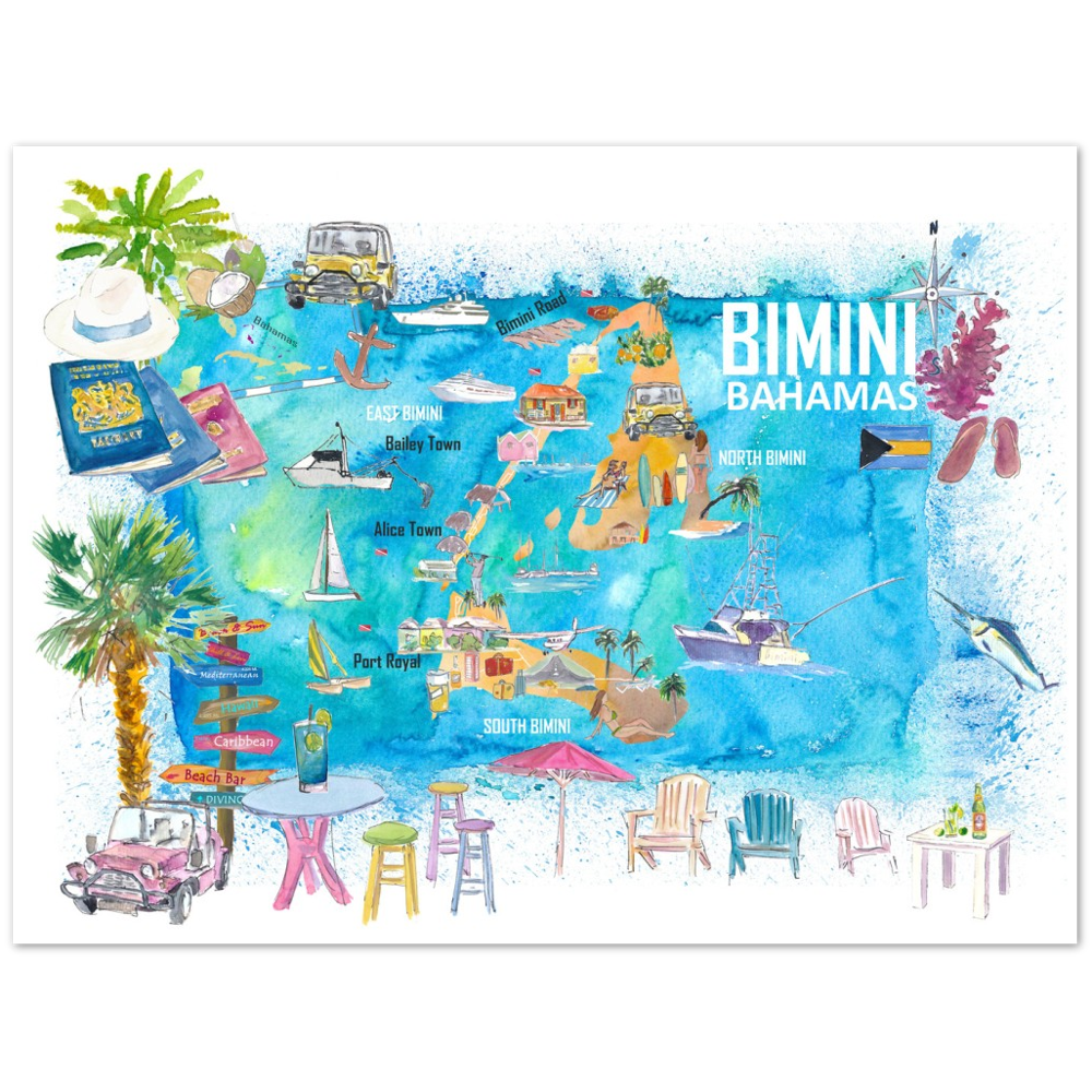 Bimini Bahamas Illustrated Map with Island Tourist Highlights - Fine Art Print