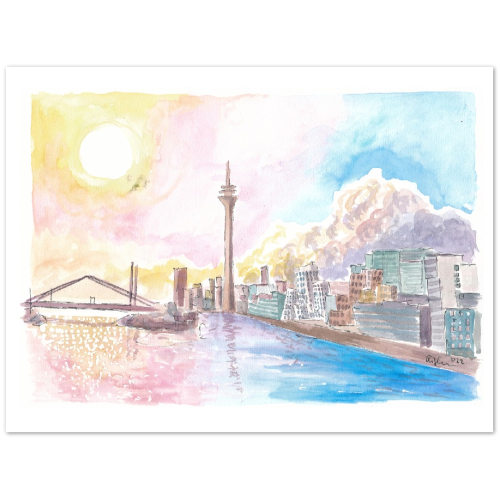 Dusseldorf Skyline with Rhine Bridge and Sunset - Limited Edition Fine Art Print -