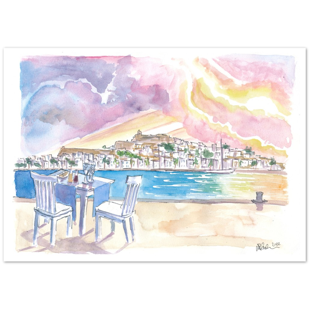Sundowner with Gorgeous View of Eivissa Ibiza Old Town and Castle - Limited Edition Fine Art Print - Original Painting available