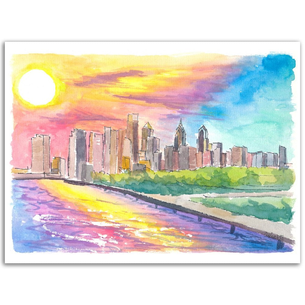 Philadelphia PA Impressive Skyline Colorful Sunset Mood - Limited Edition Fine Art Print - Original Painting available
