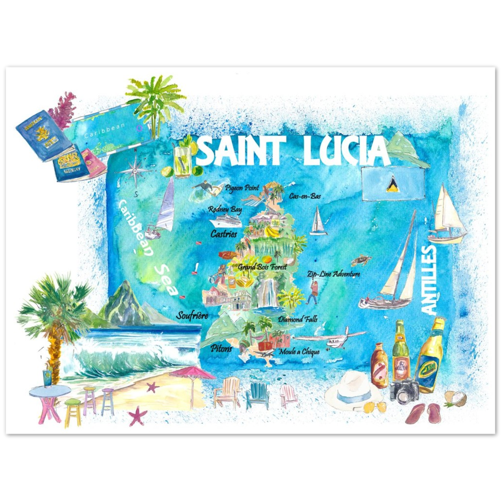 Saint Lucia West Indies Illustrated Map with Antilles Tourist Highlights 2nd Edition