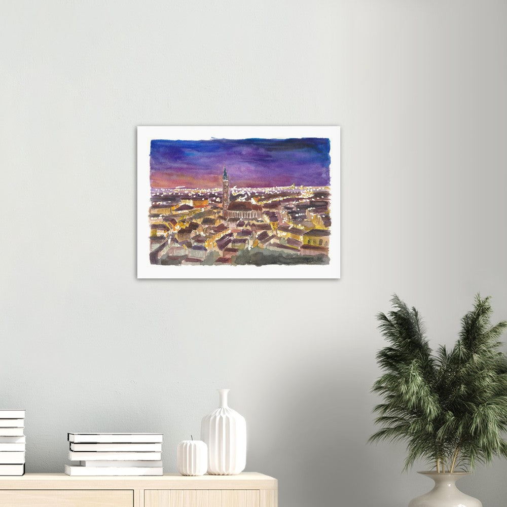 Landshut Night View of Saint Martin Basilica with City Lights - Limited Edition Fine Art Print - Original Painting available