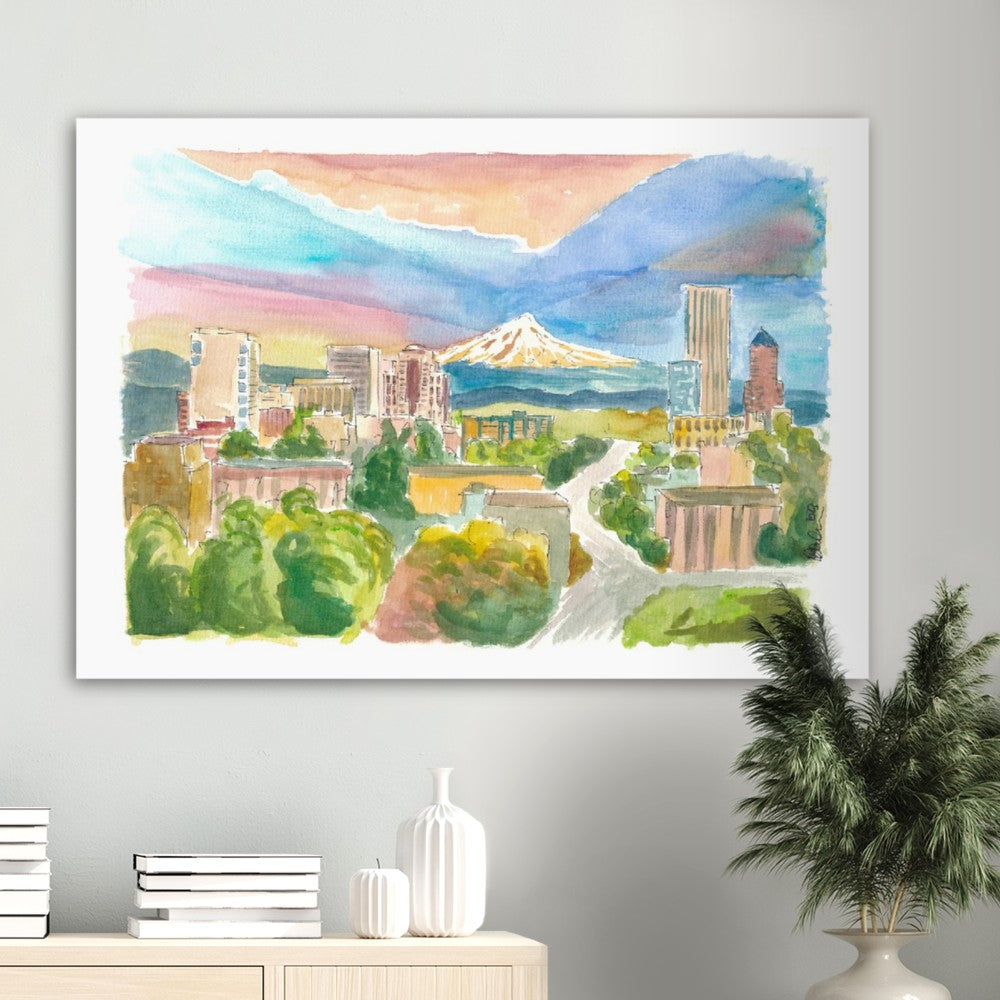 Scenic Portland Oregon with View of Mt Hood - Limited Edition Fine Art Print - Original Painting available