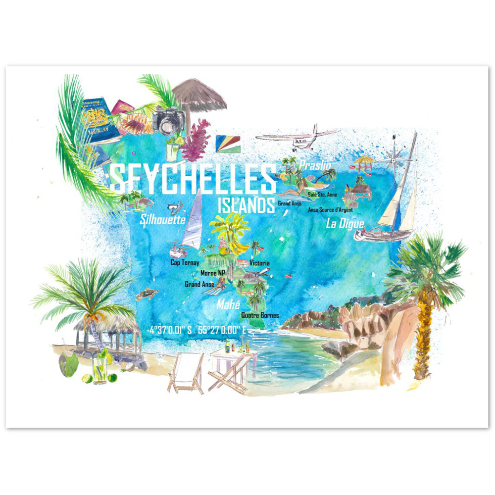 Seychelles Islands Illustrated Travel Map with Tourist Highlights Leinwand