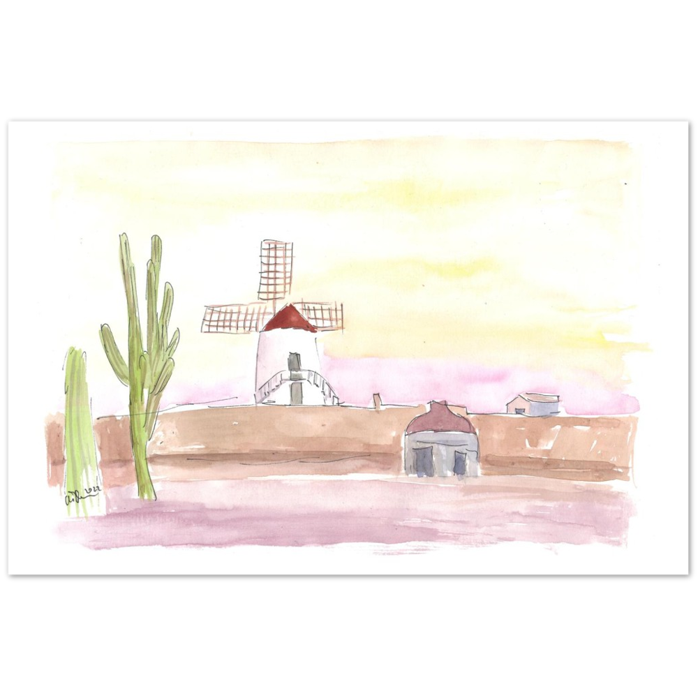 Lanzarote Canary Island Landscape with Windmill and Cacti - Limited Edition Fine Art Print - Original Painting available