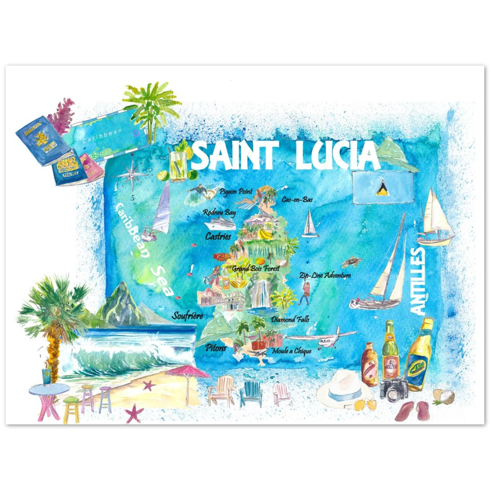 Saint Lucia West Indies Illustrated Map with Antilles Tourist Highlights 2nd Edition