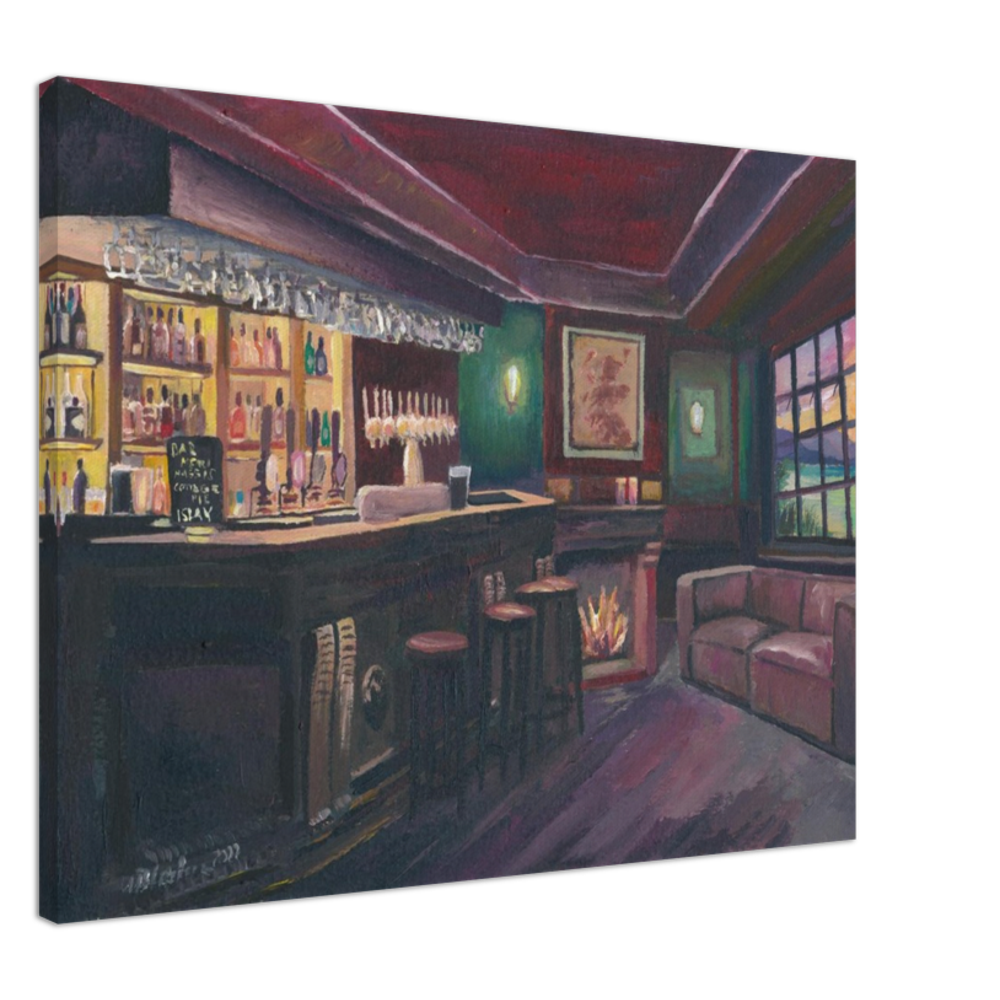 Pub Evening with Bar and Fireplace in Lonely Scottish Highlands - Fine Art Print Giclee - Original available