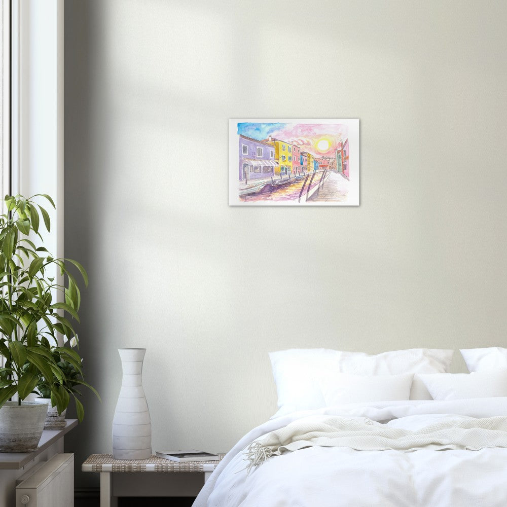 Colorful Burano Canal with Shops and Sun Reflections on Canal - Limited Edition Fine Art Print - Original Painting available