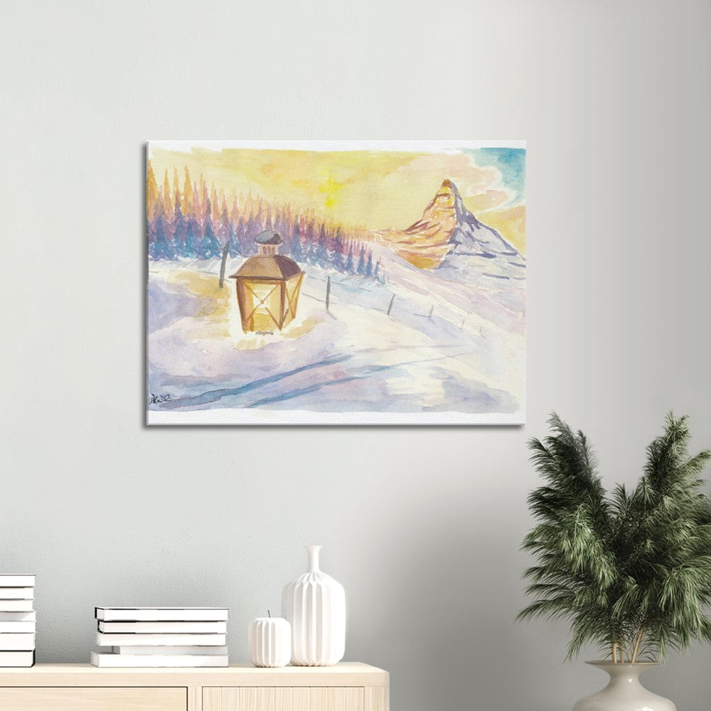 Swiss Alpine Winter Dreams with Matterhorn Mountain and Lantern in Snow - Limited Edition Fine Art Print - Original Painting available