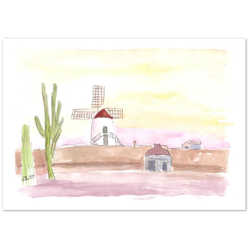 Lanzarote Canary Island Landscape with Windmill and Cacti - Limited Edition Fine Art Print - Original Painting available