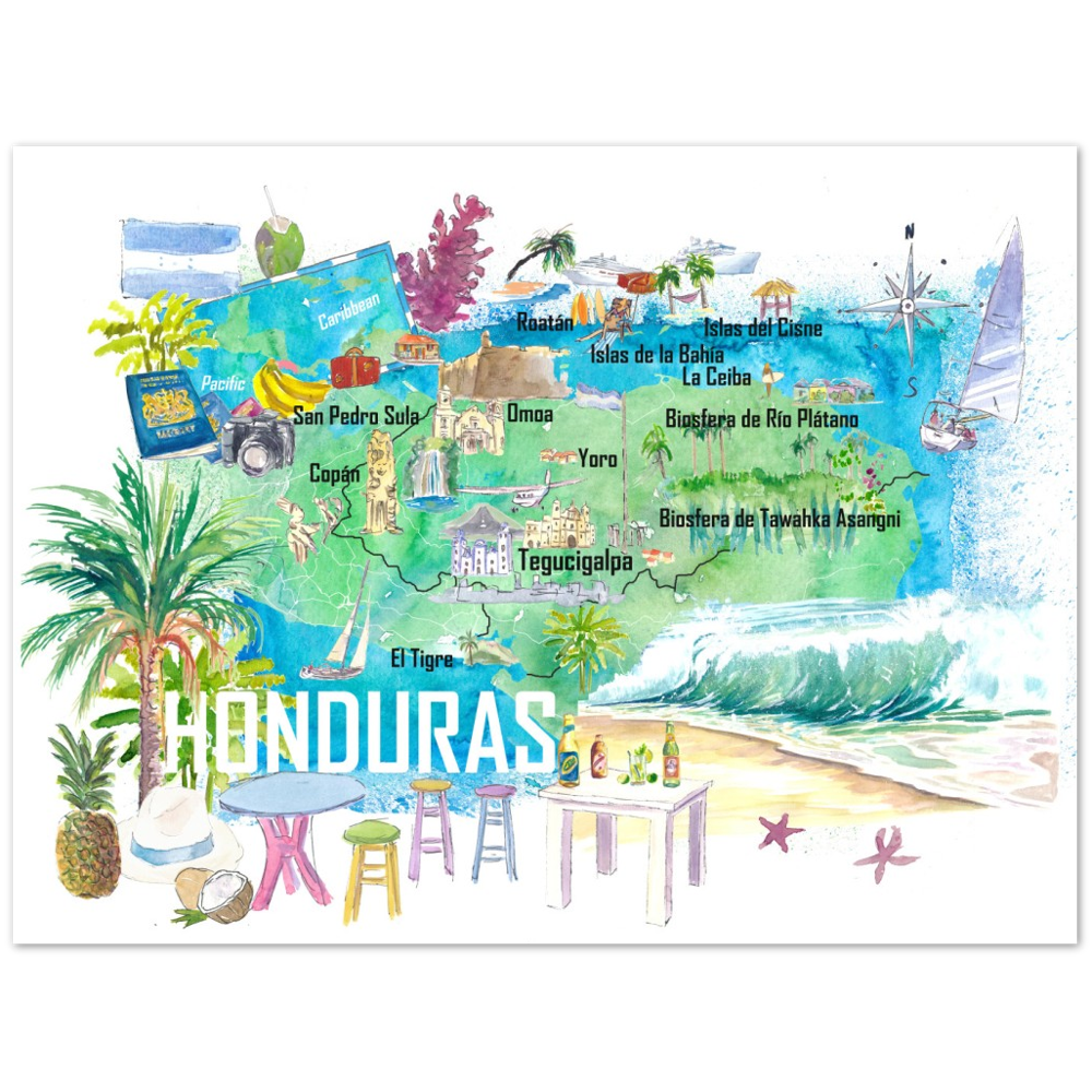 Honduras Illustrated Travel Map with Roads and Tourist Highlights